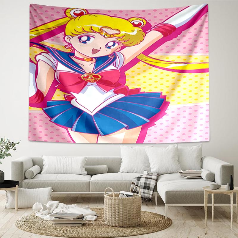 Sailor-Moon Print Tapestry, Backdrop, Easy Setup, Ideal for Bedroom, Office & Living Room, with Aesthetic Wall Hanging Decor.