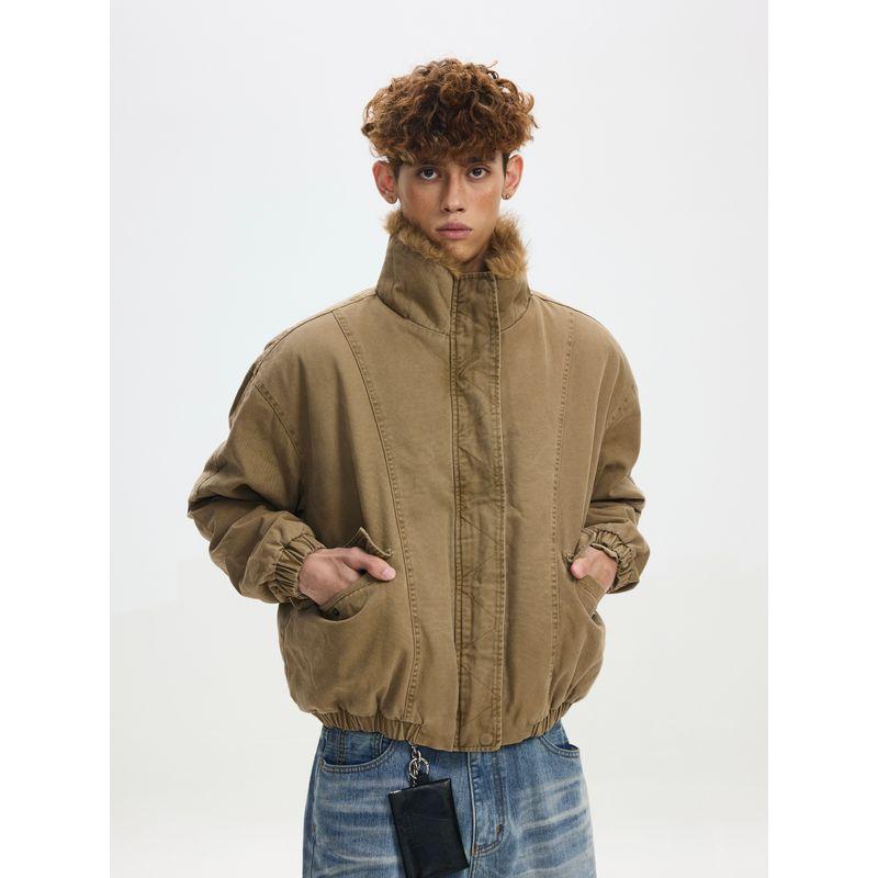 Cabbage Coke American Retro Faux Fur Quilted Short Workwear Jacket Autumn and Winter Design Loose Warm Jacket for Men