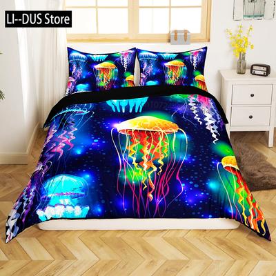 Colorful Jellyfish Decor Duvet Cover Set Twin Ocean Bedding Sets Underwater Animal Comforter Cover For Kids Teens Adults 3 Pcs