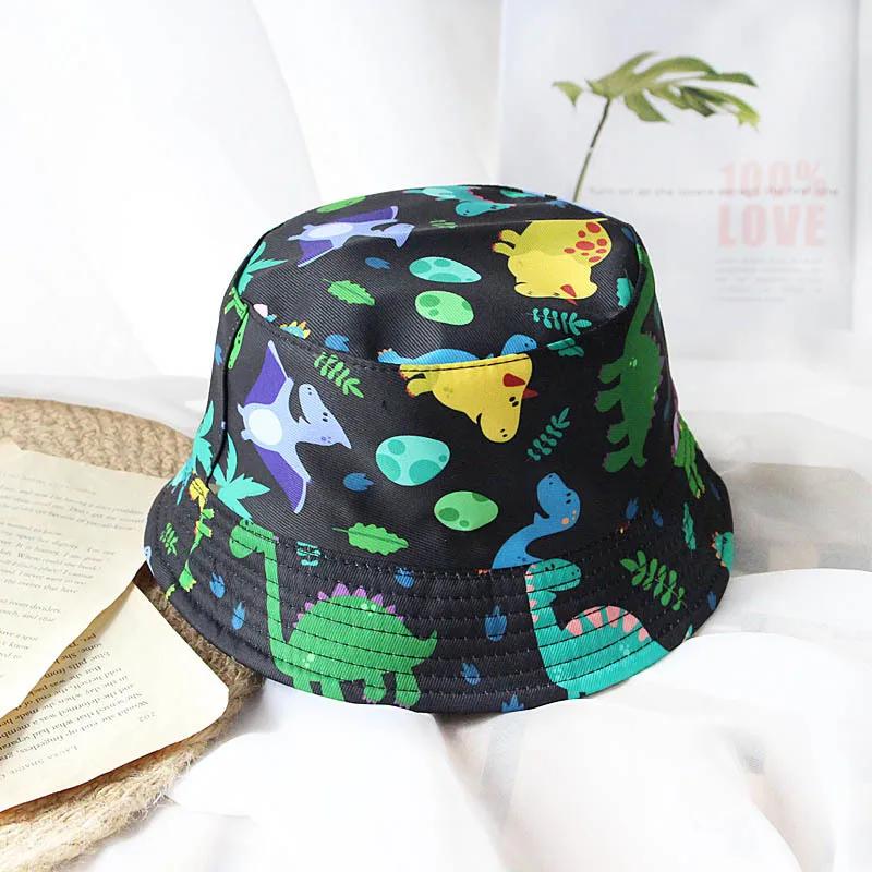 New Spring Summer Children's Cartoon Dinosaur Fisherman Cap Girls Cotton Uv Protection Panama Printing Hats Boys Sun Beach Hat
