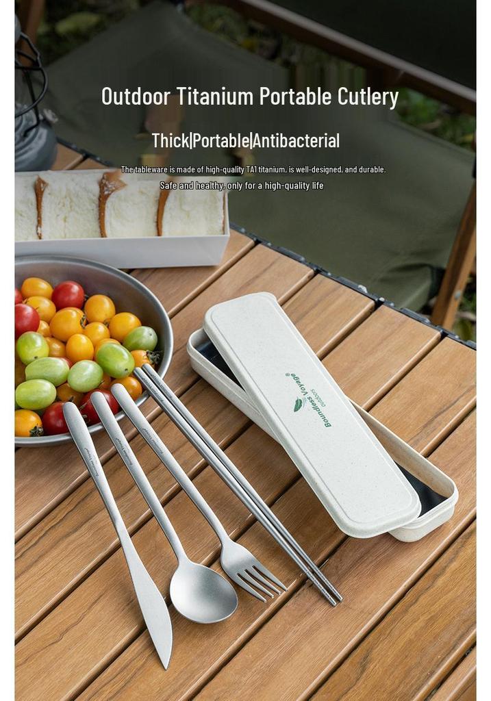 Ultra-light Pure Titanium Cutlery Set: Spoon, Fork, Knife, Chopsticks with Portable Storage Bag and Box
