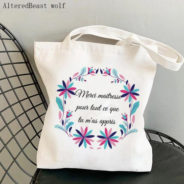 French Thank You Mistress Women Canvas Kawaii Shopping Shoulder Bag Merci Atsem Harajuku Bag Gift for Teacher Shoulder Bags