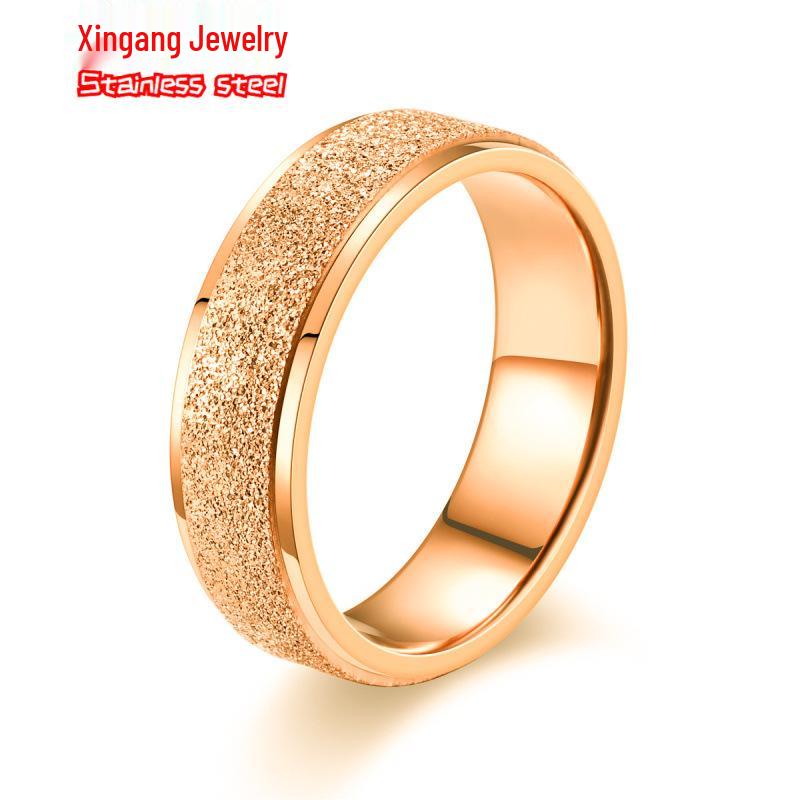 Minimalist European-American Stainless Steel Pearl Diamond Sandblast Ring - Non-Fading, Elegant Design for Couples