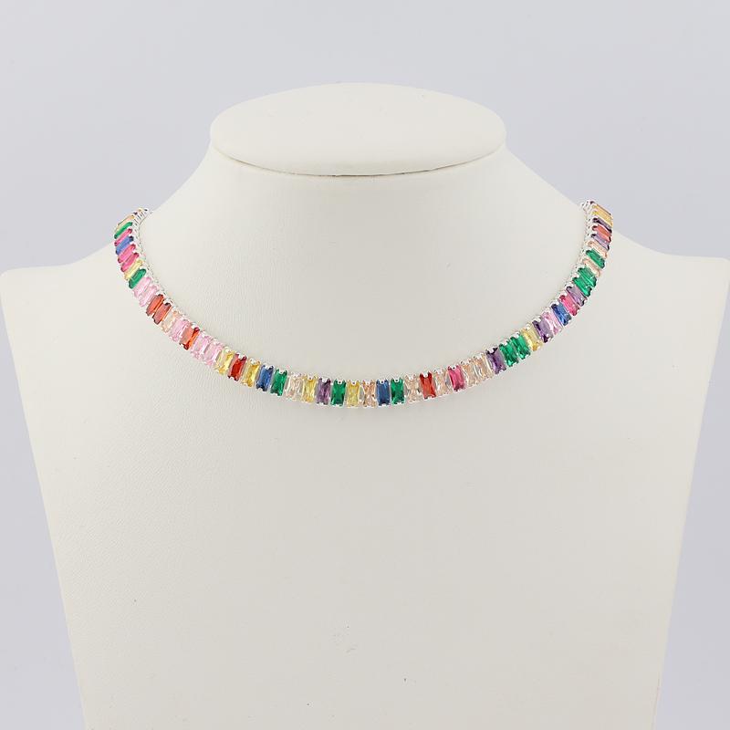 Women's Gold Colorful Choker Necklace Shiny Rainbow Crystal Zircon Tennis Chain Statement Jewelry Dropshipping
