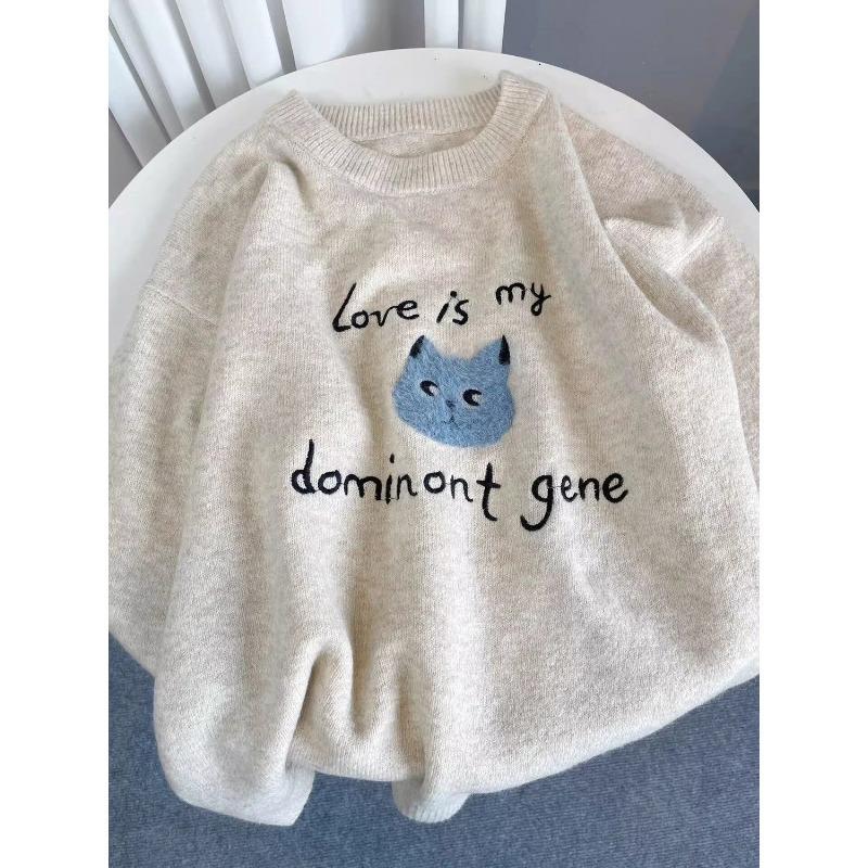 Round Neck Cat Embroidered Women's Sweater Long Sleeved Pullover Loose Sweaters Autumn Winter New Woman Soft Knitted Top