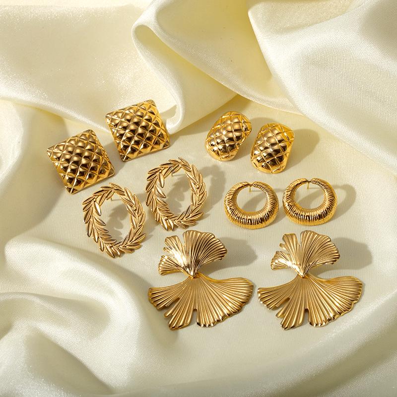 

18k Gold Ginkgo Leaf & Argyle Olive Branch Earrings with Stainless & Titanium Steel
