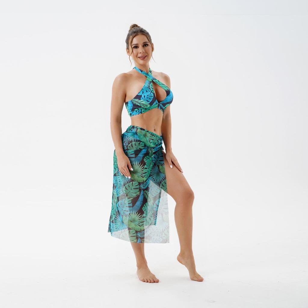 2024 Women's Sexy Slim-Fit Mesh Cover-Up Skirt Bikini Three-Piece European & American Swimwear Set