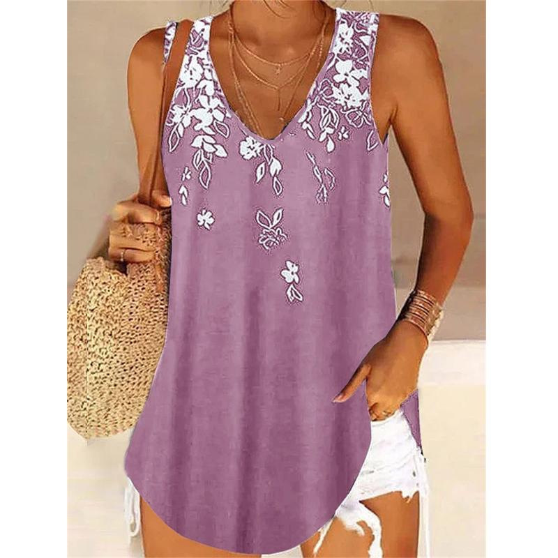 Tops de verano para mujer, blusas sin mangas con estampado, camisolas elegantes con cuello en V informales para mujer, chaleco bohemio con hombros descubiertos, ropa de playa, camisetas sin mangas florales con flores