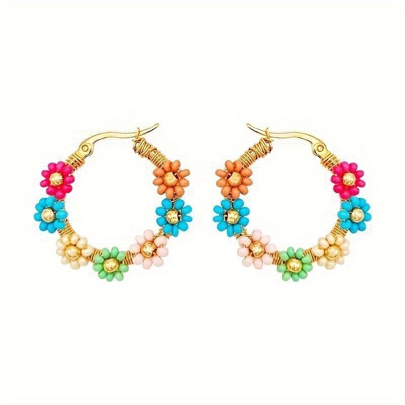Boho Beaded Flower Hoop Earrings, Stainless Steel Decor Hoops, Bohemian Style Everyday Jewelry for Women, 1 Pair