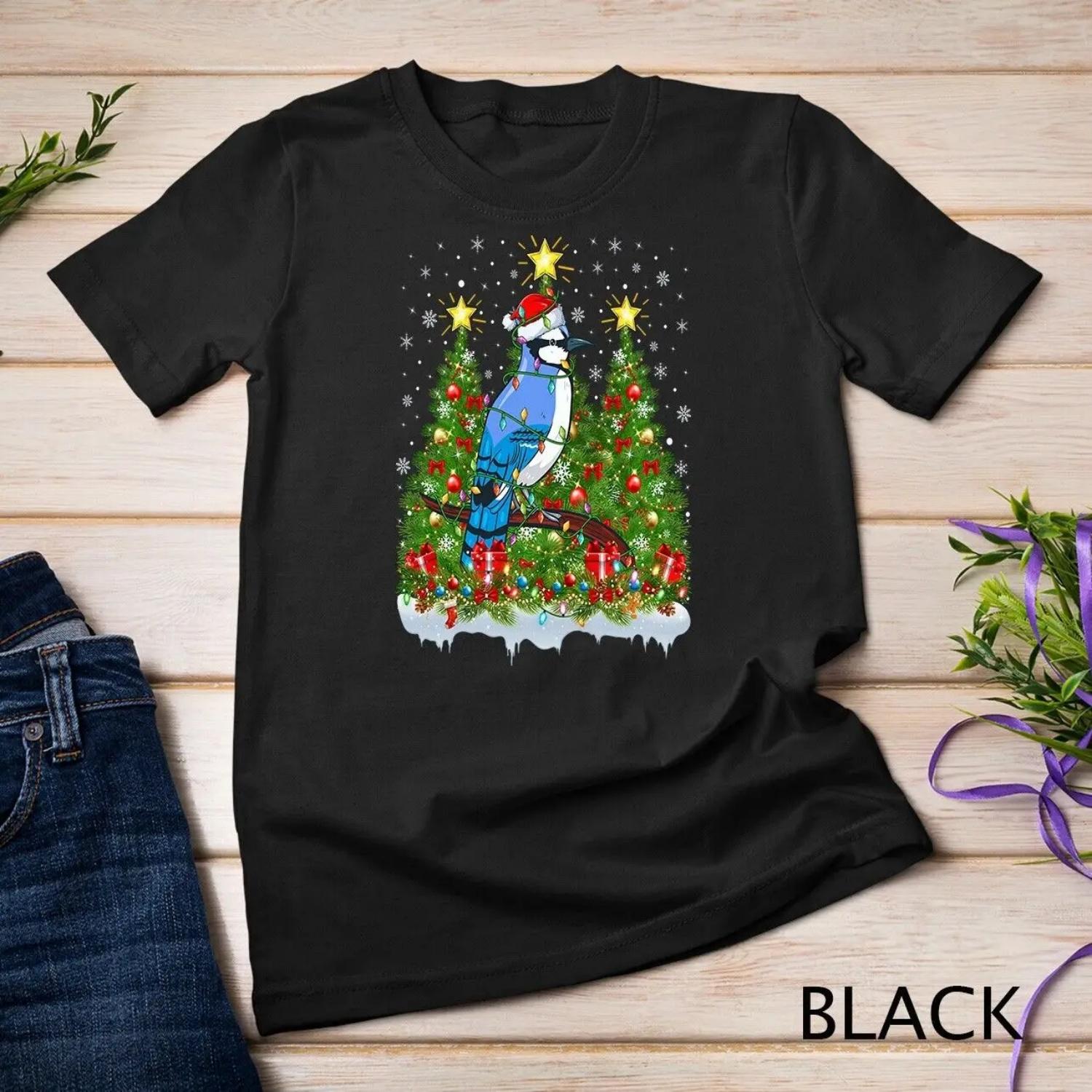 Blue Jay Bird Xmas Lights Santa Christmas Tree T shirt S