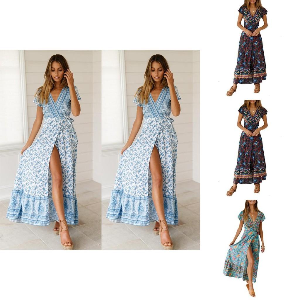 Elegant Women Wrap Summer Boho Floral Short Sleeve Maxi Print Dress For Holidays