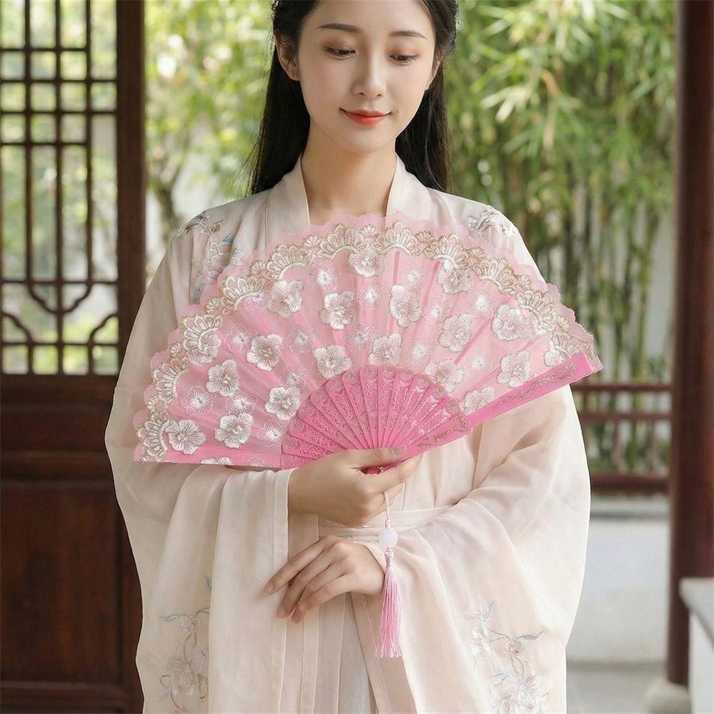 Hanfu Fan Flower Pattern Chinese Folding Fan Traditional Vintage Handheld Fan with Tassel Portable Decorative Fan Cultural Event