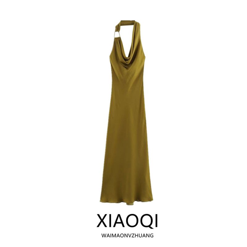 Fashion Style 2024 Autumn New Women's Clothes Hanging Collar Silk Satin Texture Draped Collar Midi Skirt Dress 9878157