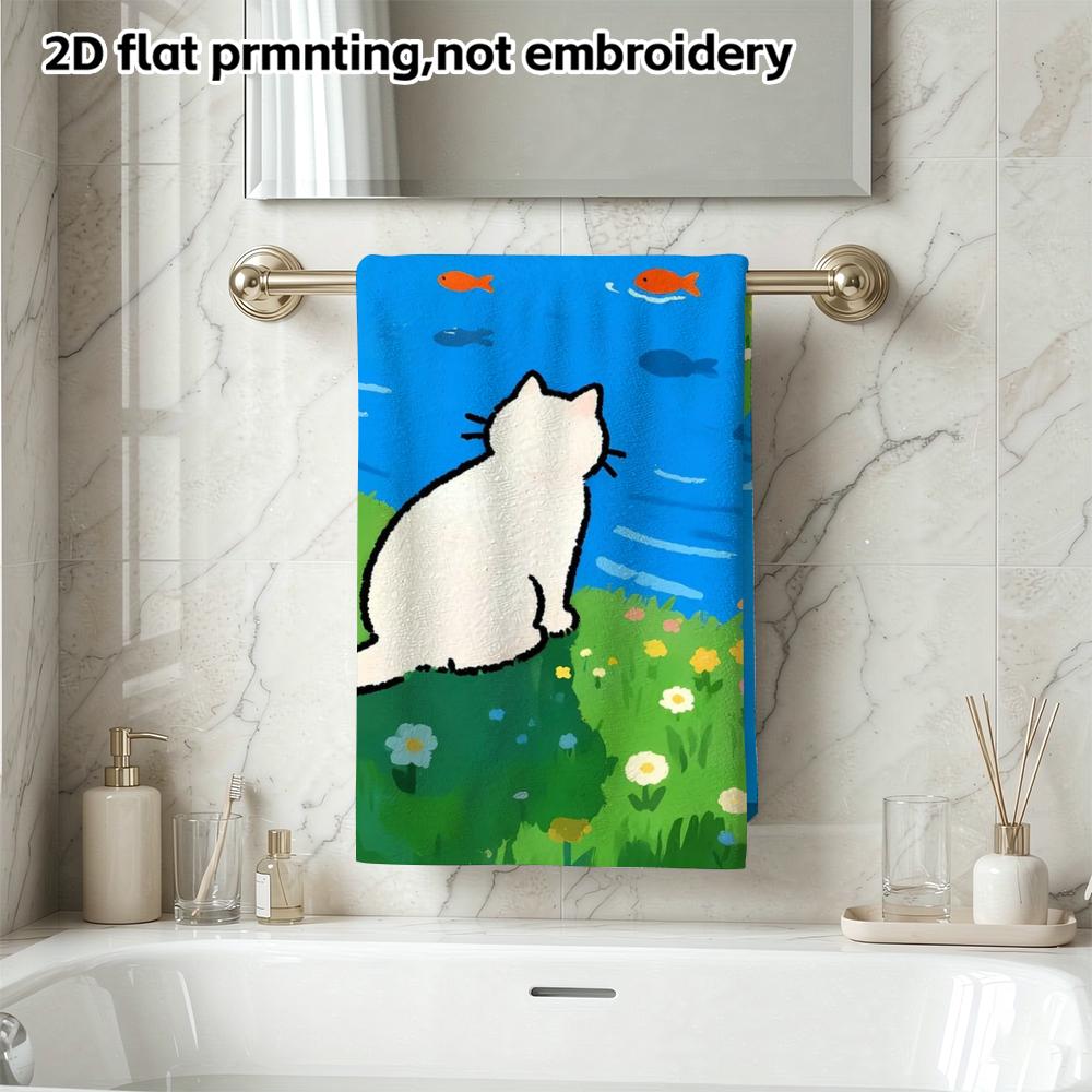 White Cat Watching Fish Print Hand Towel, Soft Absorbent Face Towel