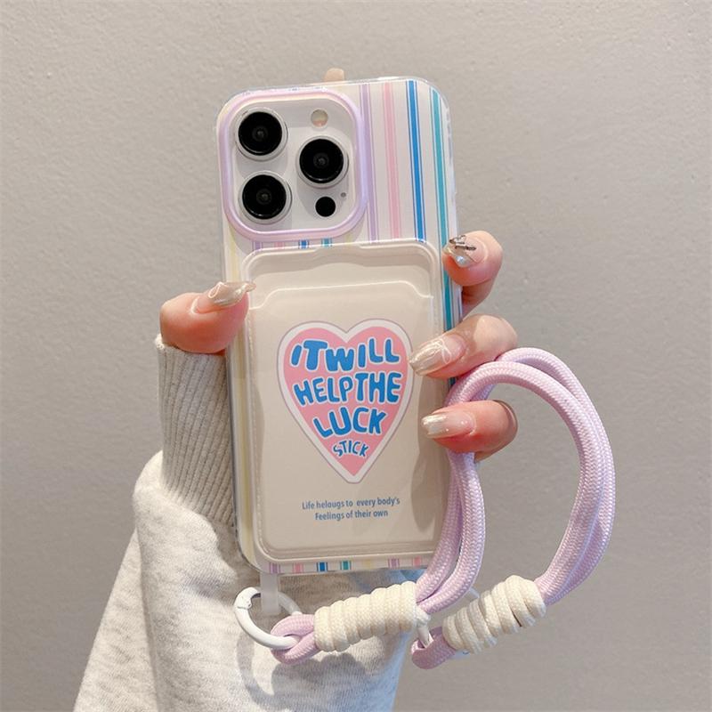 

For iPhone 16 Pro Case Creative Wrist Strap Card Slot TPU Phone Cover Stripe and Heart