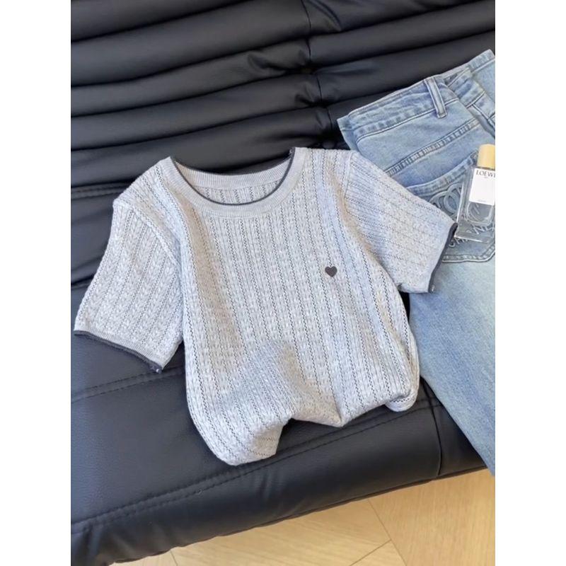 

Gray with Heart Embroider Knitting Short Sleeve Women 2025 New Arrival All-Matching Youthful-Looking Loose Figure Flattering round-Neck Blouse Fashion Gray 40/45 Kg/S