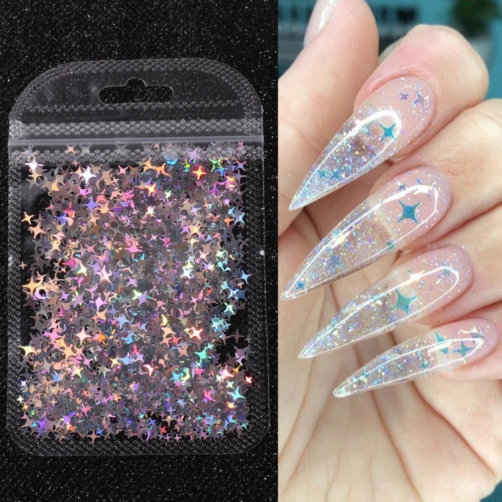 Holographic Star Shaped Nail Patch Laser Silver Four Corner Star Nail Glitter Laser Flash Shiny Film Nail Decoration