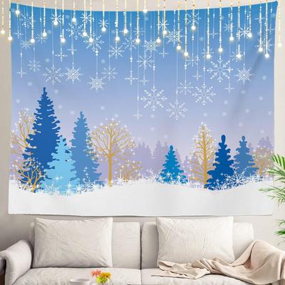 Snow Winter Forest Wall Tapestry,Blue Christmas Cold Forest Holiday Wall Hanging Large Tapestry Decoration Polyester Fiber White