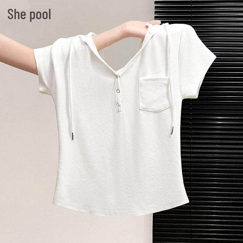 Women s Hooded Slim-Fit Short Sleeve Knit T-Shirt L белый