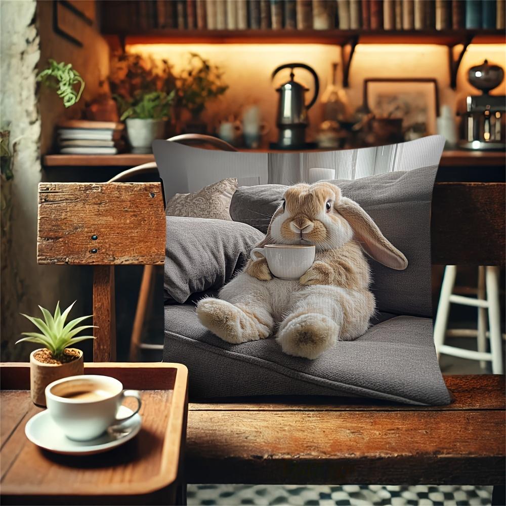 Adorable Bunny With Coffee Cup Print Pillowcase - Home Decor, Perfect For Living Room And Bedroom, Ideal Gift For Animal Lovers