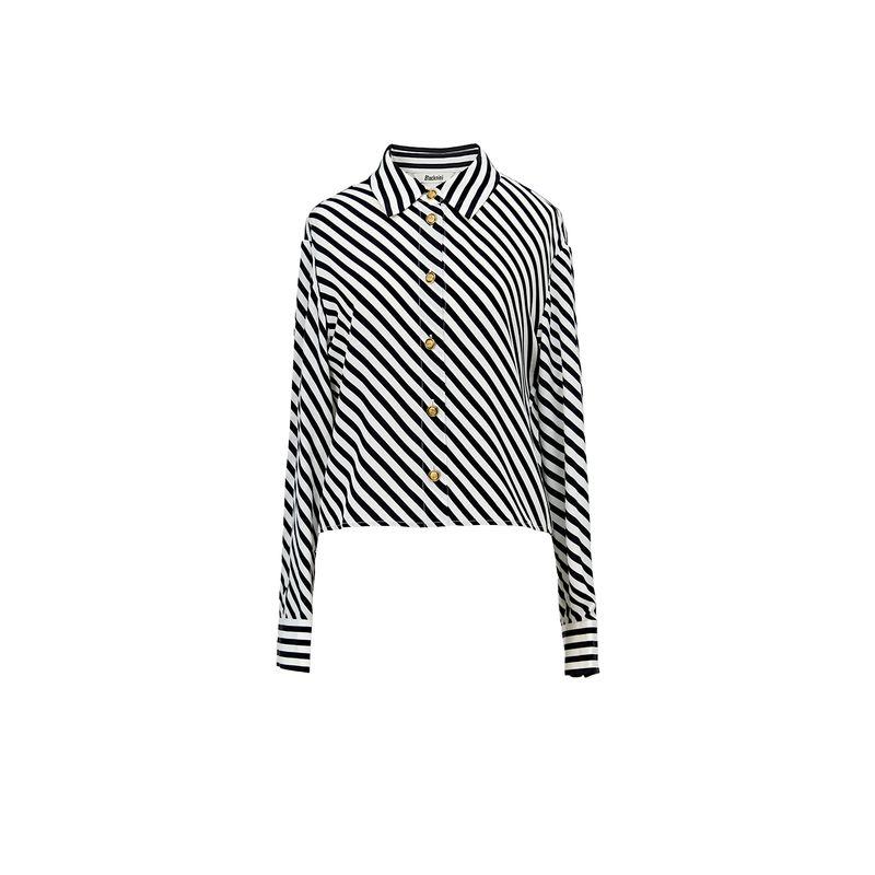

Blacknini Parallel Wire Heavy Twist Crepe De Chine Mulberry Silk Draping Effect Silk Black and White Stripes Shirt Shirt (100 Mulberry Silk)(In stock) XS