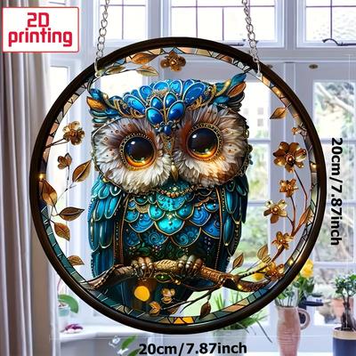 2D flacher Eulen-Traumfänger-Anhänger, bunte Acryl-Fensterdekoration, perfektes Geschenk, verschönert Garten, Hof und Heimdekoration 20cm