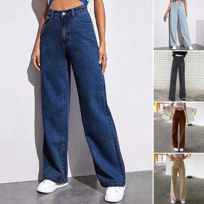 Damen-Jeans mit Taschen, hoher Taille, Knopfverschluss, gerade Hose, einfarbig, Vintage-Jeans im amerikanischen Stil für den Alltag