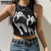 WTEMPO Sommer Damen Figur Bedruckte Rundhals Cropped Tops Mädchen Schwarz Braun Lässige Ärmellose Kurze Westen