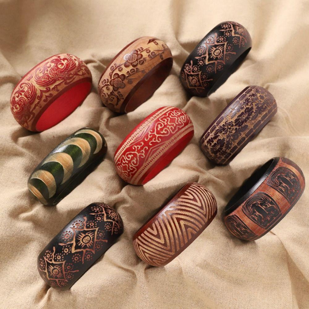 Retro Carving Wooden Bangle Wide Ethnic Style Bangle Gift Chinese Style Bracelet  Wrist Bracelets