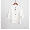 Womens Teal Linen Blouse Casual Round Neck Lantern Sleeve Button Up Solid Color Top