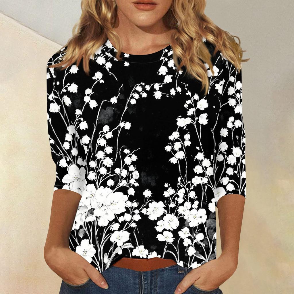 Women's Casual Three Quarter Sleeve Floral Print Crew Neck Top Loose Fit Lightweight Pullover Blouse for Daily Wear