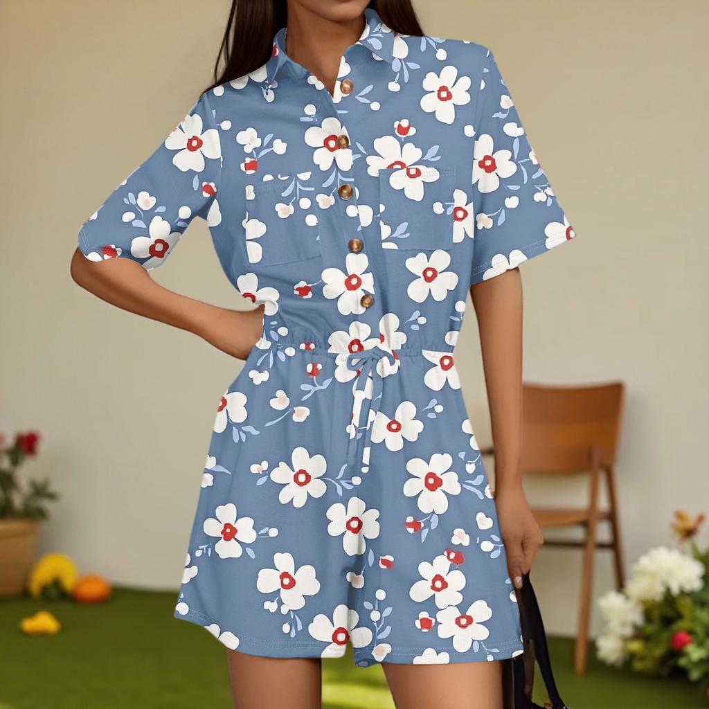 Damenmode V-Ausschnitt Jumpsuit Karomuster Lässig Kurzarm Top Jumpsuit