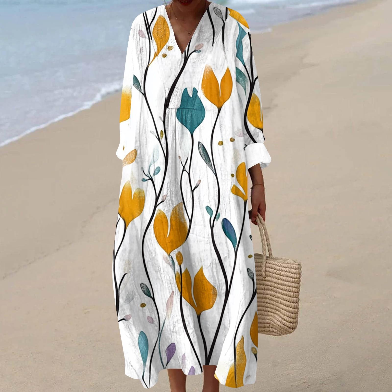 

Женское повседневное модное платье макси с V-образным вырезом и длинными рукавами с цветочным принтом XL белый