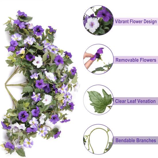 Artificial Hanging Fake Flowers with Basket Outdoor UV Resistant Faux Silk Morning Glory Vines Plants for Porch Patio Garden Balcony Yard Spring