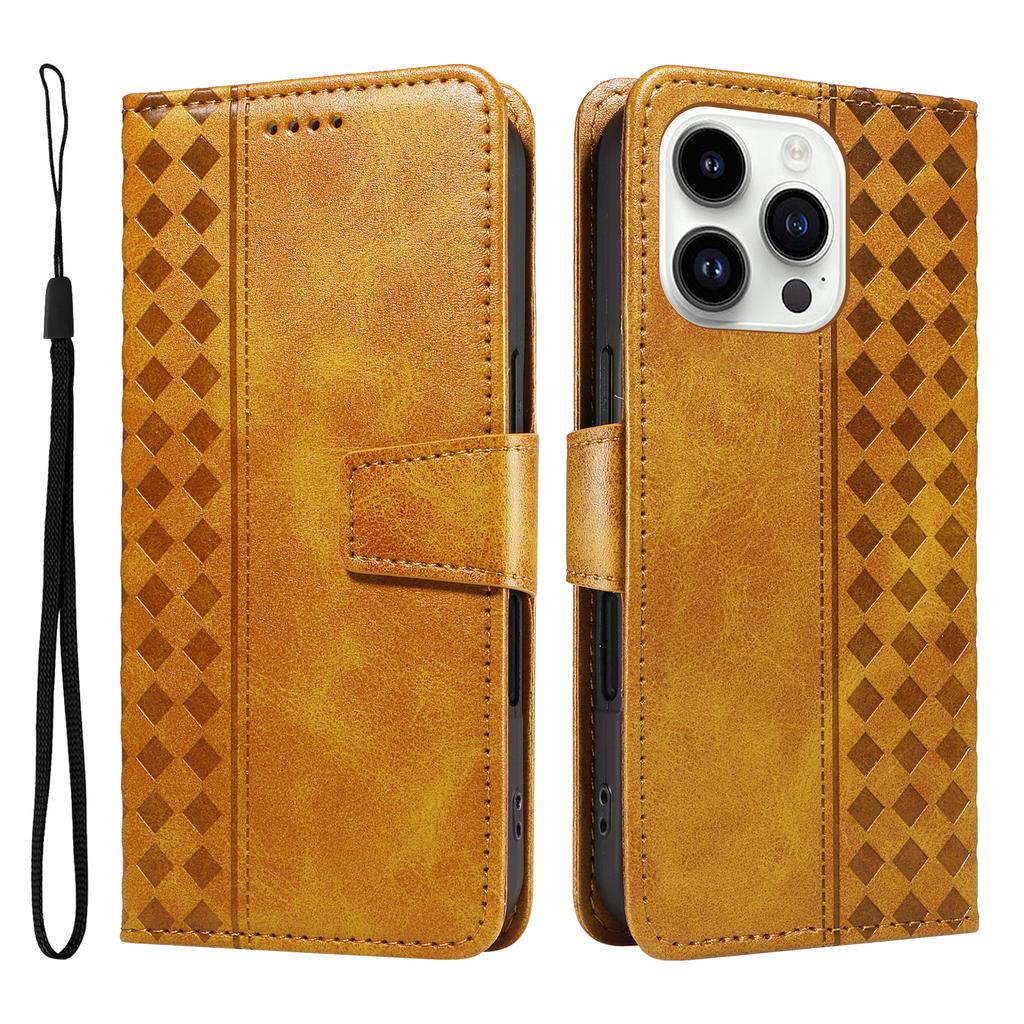 For iPhone 14 Pro Max Leather Case Wallet Stand Grids Imprinted Phone Cover with Strap