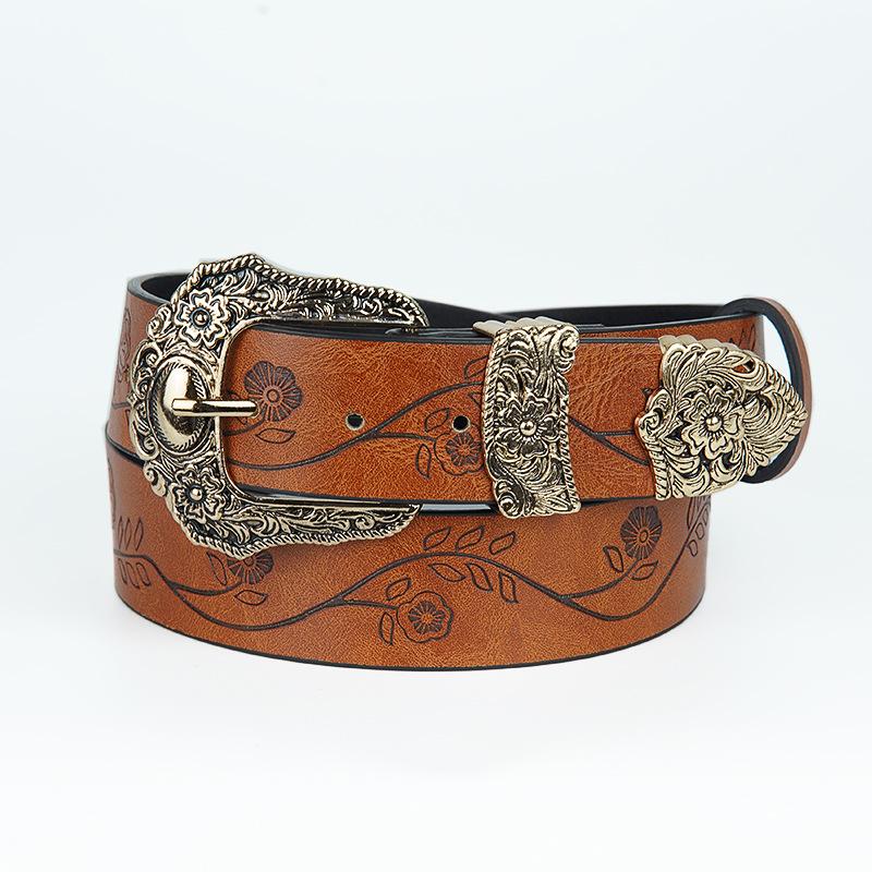 American Western Style Flower Embossed Pin Buckle Belt, Retro and Old Bronze Engraved Buckle Women's Dress Belt