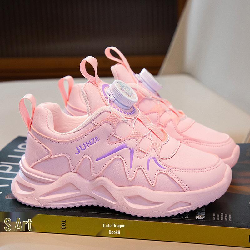 2024 Spring Girls' Spinning Button Sports Shoes - Trendy Dad Style, Soft Sole, White for Kids