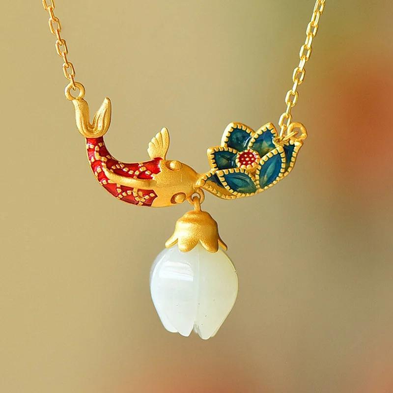 Natural An Jade Necklaces Enamel Fish-Shaped Lotus Ancient Gold Craft Pendant Light Luxury Chinese Style Retro Charm Jewelry