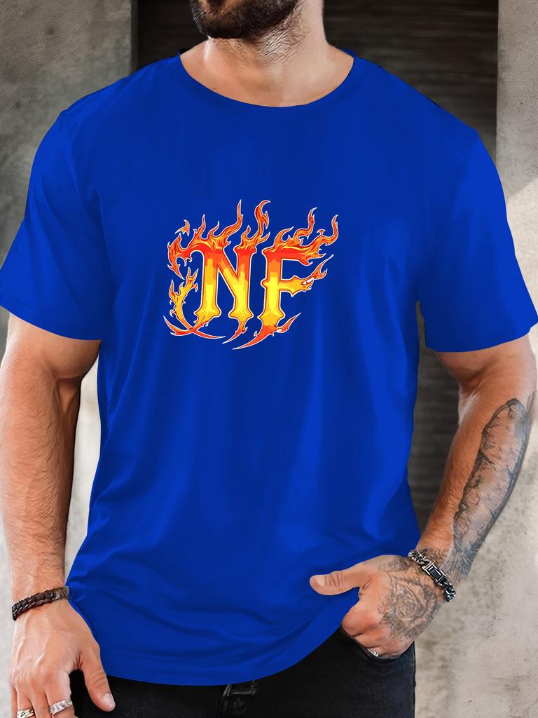 Unisex Black Crew Neck Tee Flame Style Nf Letter Graphic Hip Hop Streetwear Soft Cotton Male Casual Short Sleeve Daily Tops