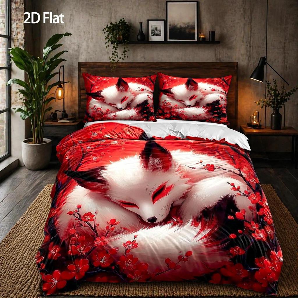 3-Piece Quilt Cover Set, 1 Quilt Cover + 2 Pillowcases (Without Filling), Red Fox Floral Theme, Oriental Art Style, Cherry Blossom Festival,