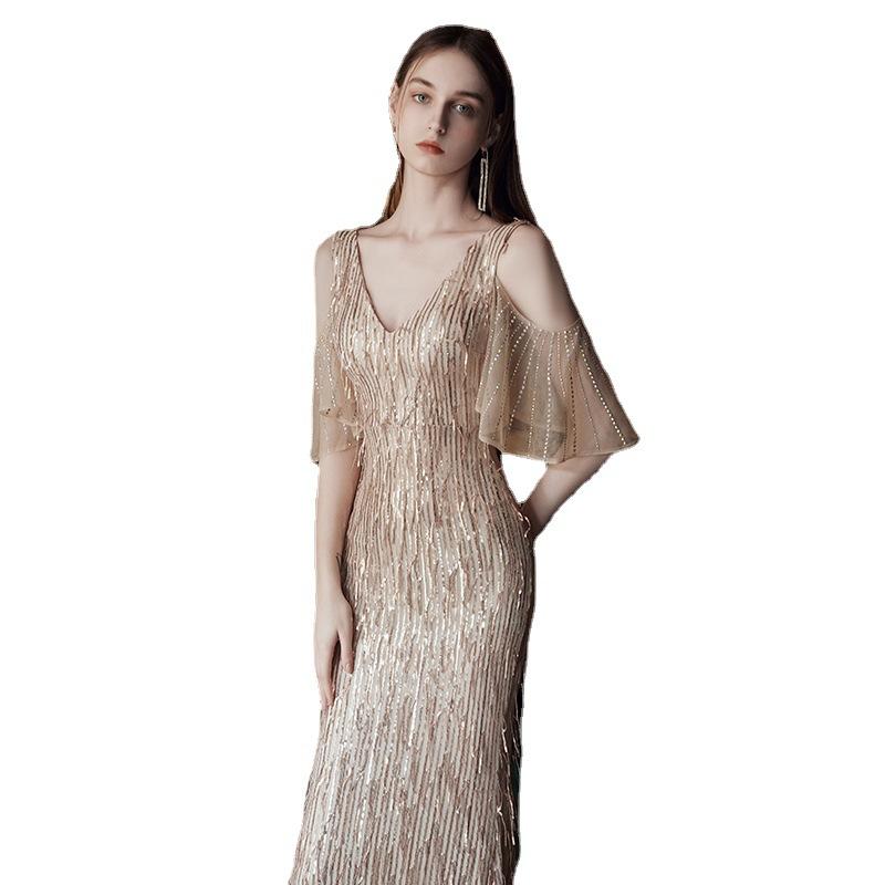 Annual Meeting Host Dress 1011 New Summer Champagne Style Temperament Fishtail Skirt Elegant Banquet Evening Dress
