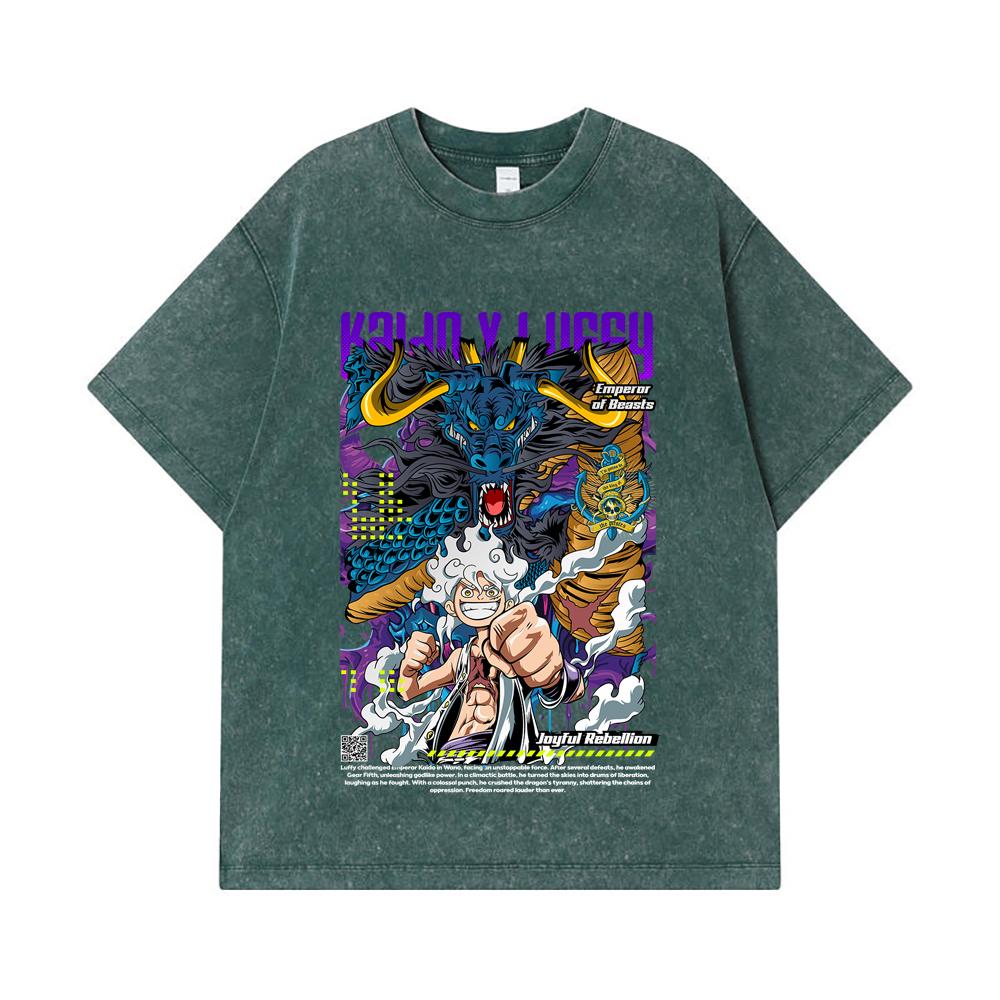 275 GSM Washed T-shirts 100% Cotton One Piece V35 Luffy Kaido Print Unisex Heavy Cotton T Shirt