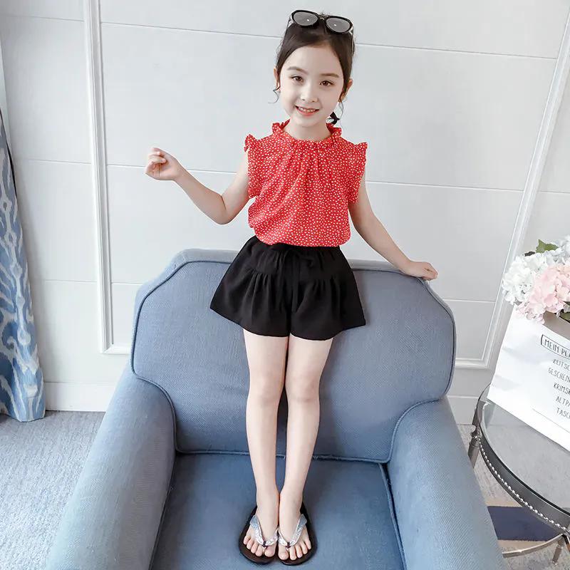 Conjunto de roupas infantis 2 peças primavera verão meninas ternos estampa sem mangas listrado tops + calças conjunto de roupas