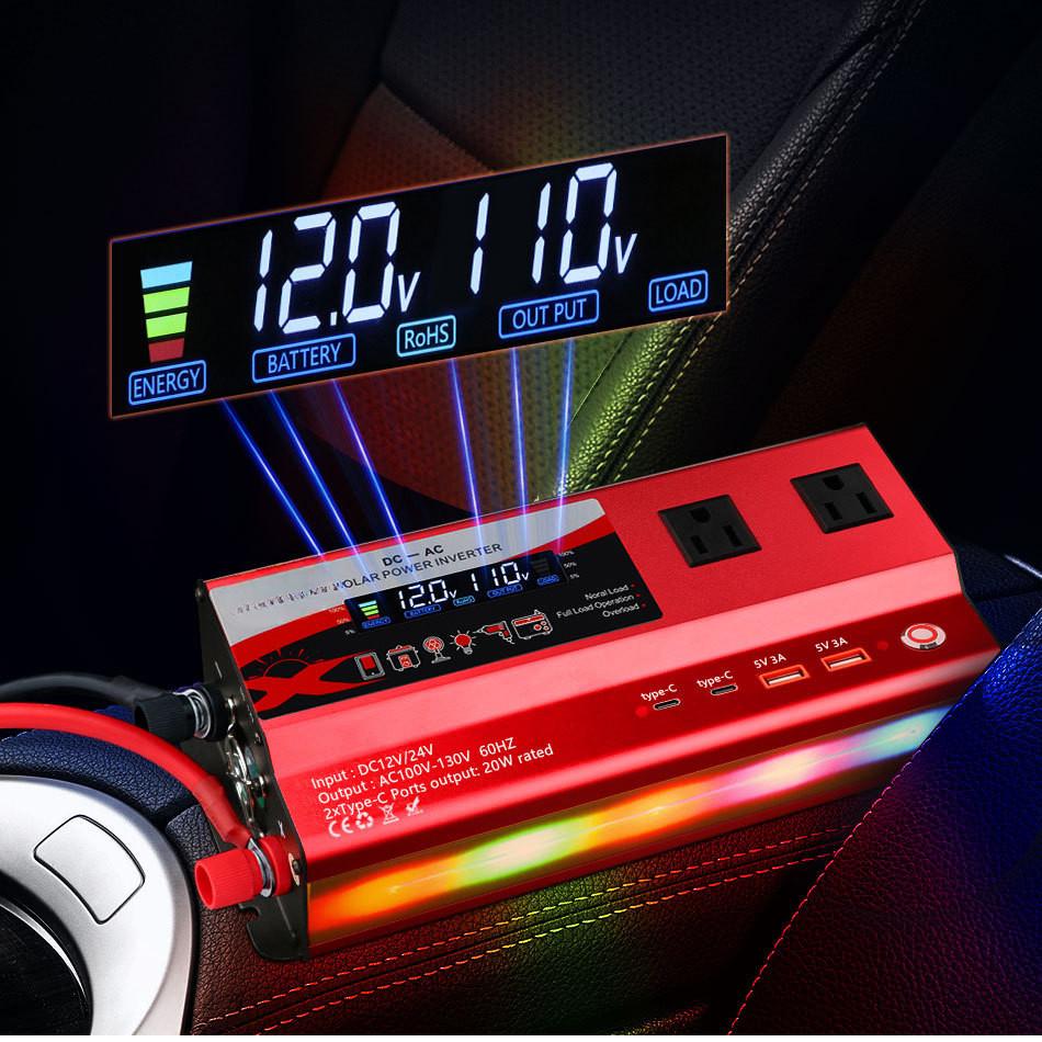 3000W/4000W/6000W High Power Portable Car Inverter Household Intelligent Display Power Inverter 12V/24V To 110V Voltage Converter With Light