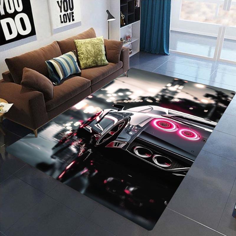 Sports Car Engine Detail Print Carpet Mat Anti-Slip Backing Rug Neon Style for Modern Home Decoration Car Enthusiast Studio