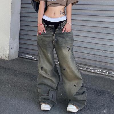 Europejski i Amerykański Streetowy Styl Hot Girl Prane Dżinsy z Nadrukiem Liter Niska Talia Luźne Szerokie Nogawki Drag Spodnie Casualowe