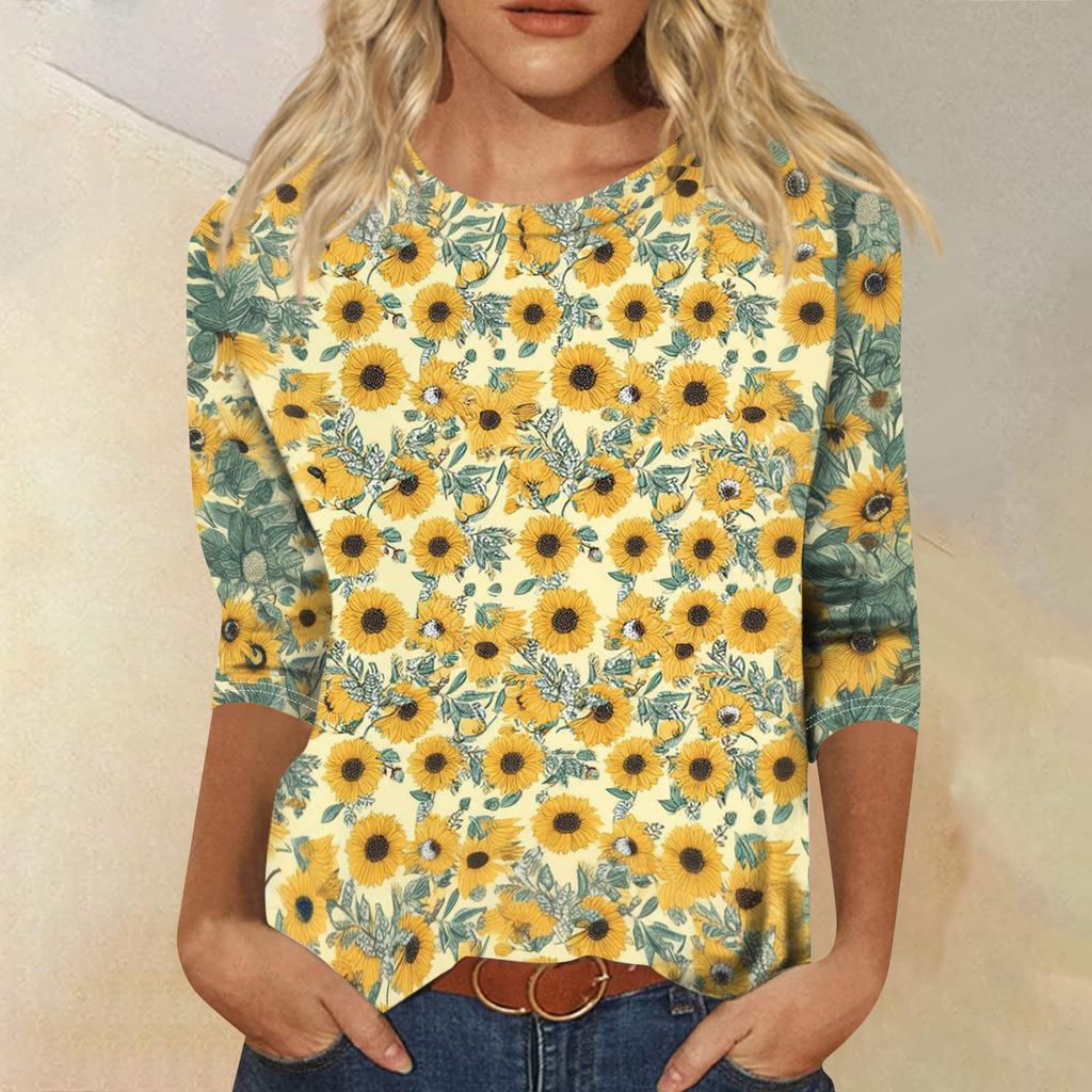 Top T-shirt casual alla moda da donna con scollo rotondo, manica a tre quarti e stampa