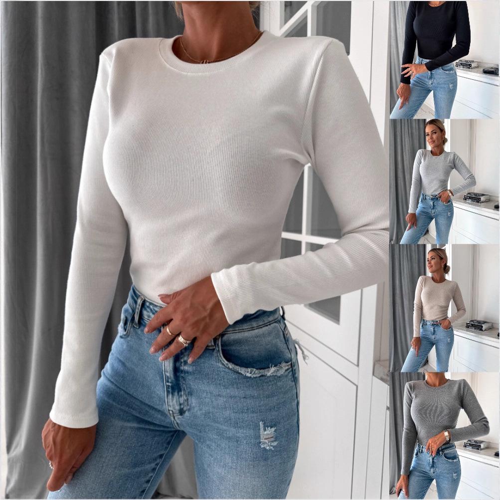 2023 Trendy Women's Knit Top: Autumn/Winter Solid Color, Round Neck, Long Sleeve