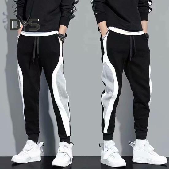 Plus Size Men Sport Pants Contrast Color Ankle-banded Sweatpants Drawstring Elastic Waist Loose Trousers with Pocket for Daily Exercise