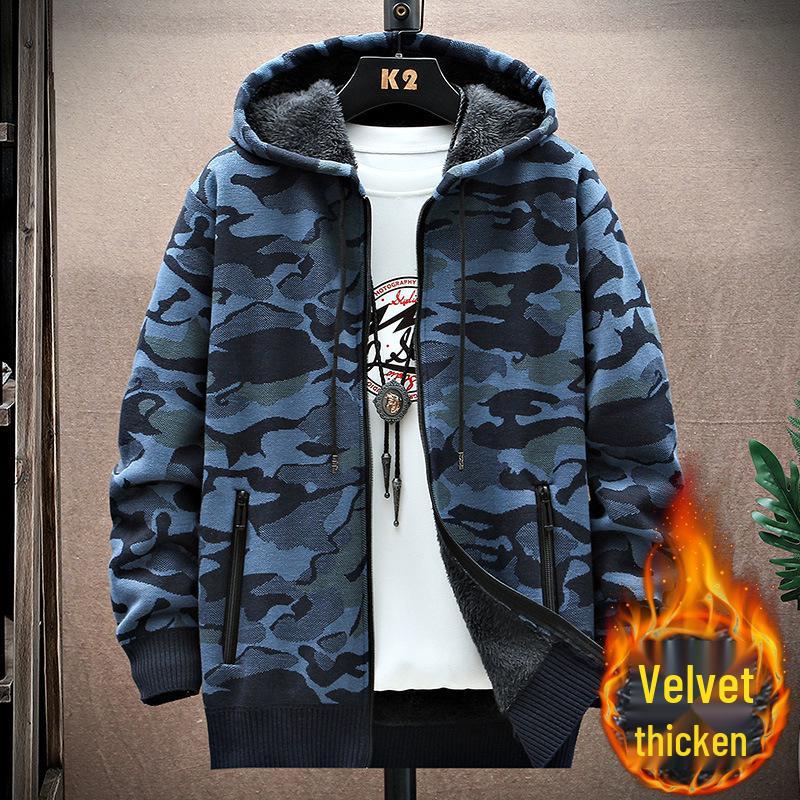Men s 2025 Autumn/Winter Camouflage Knit Sweater Cardigan with Plus Velvet. L